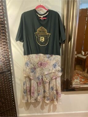 OOAK Upcycled Smokey Bear Graphic Tee with Floral Tiered Skirt Combo